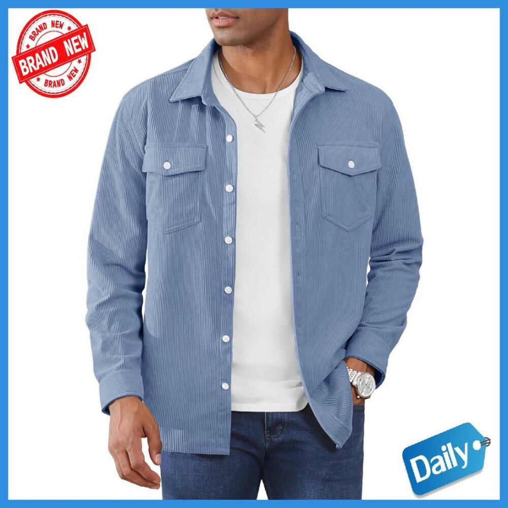 Men's Corduroy Shacket Button Down Long Sleeve Lightweight Overshirt - Picture 1 of 8
